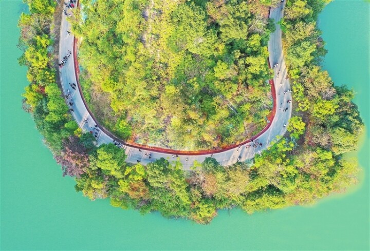 今年3月，徒步爱好者用脚步丈量万绿湖畔的九里湖绿美生态建设示范点。